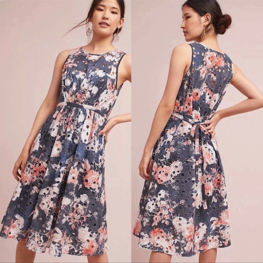 Anthropologie Floral Eyelet Sleeveless Midi Dress in Navy and Coral